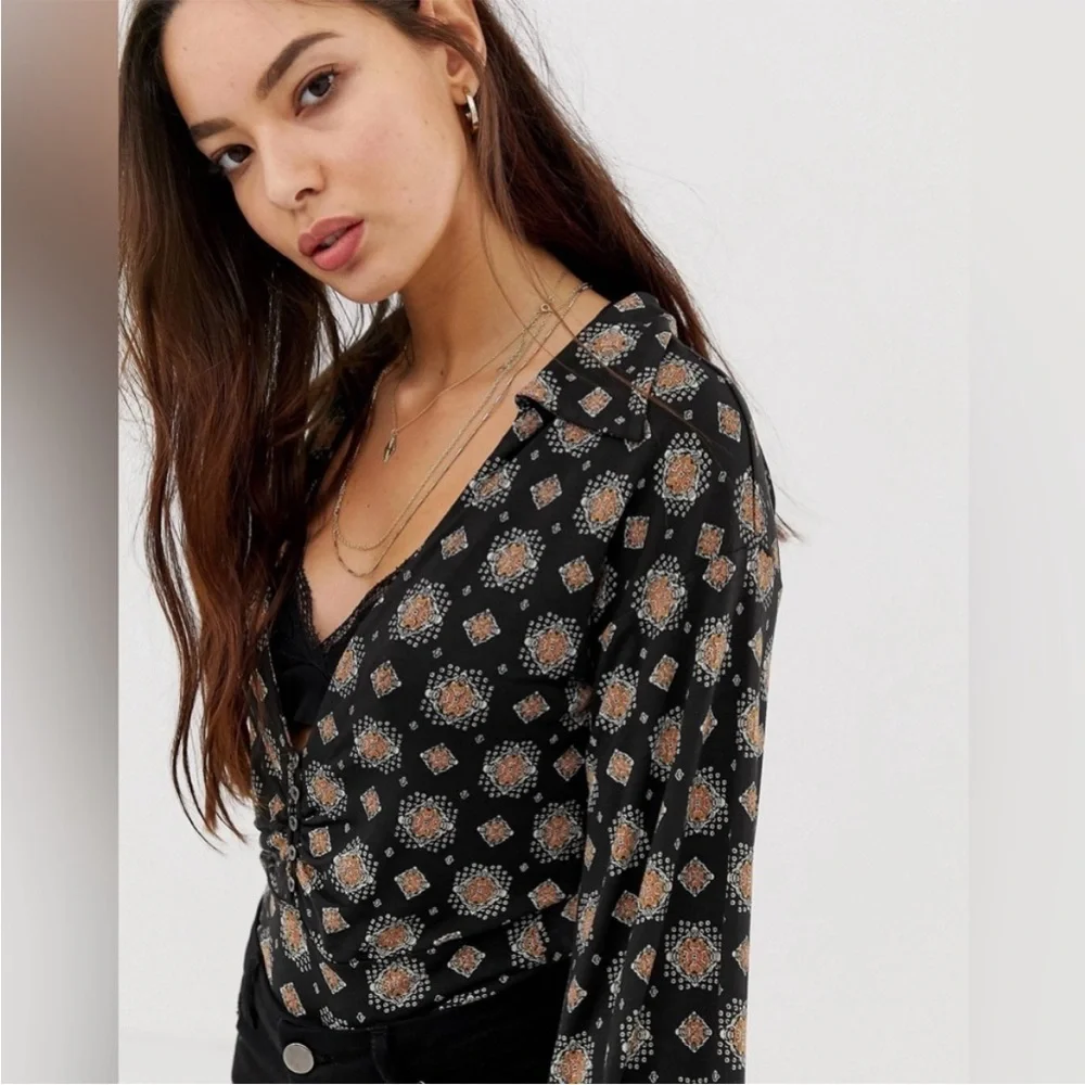 FREE PEOPLE FLATTERING PARTY TOP BOHO WASHED BLACK PRINT LONG SLEEVE LIGHTWEIGHT